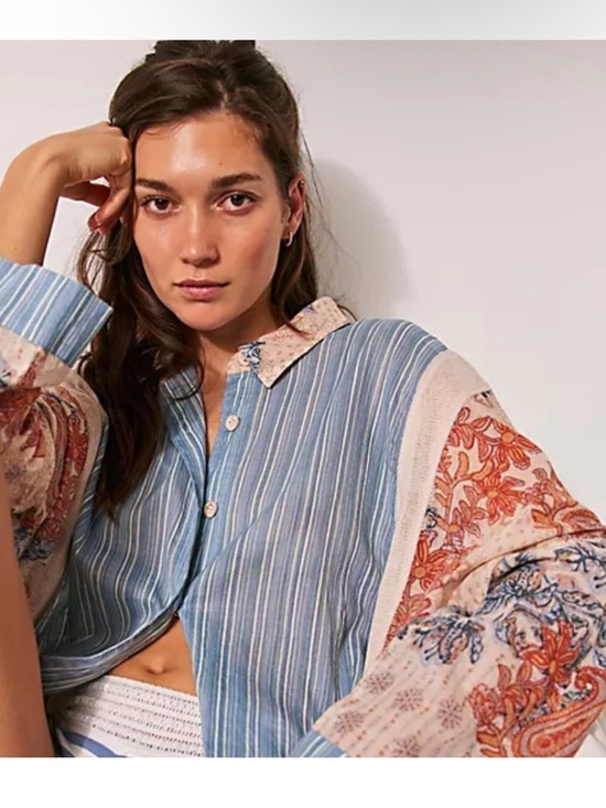 Free People Tops - Free People Lucky In Love Mixed Media Oversized Boho Shirt Size Large
